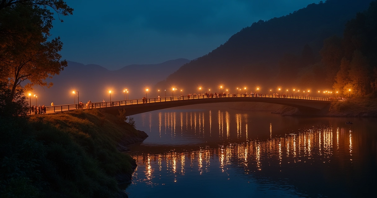 Ponte iluminada à noite formando uma curva