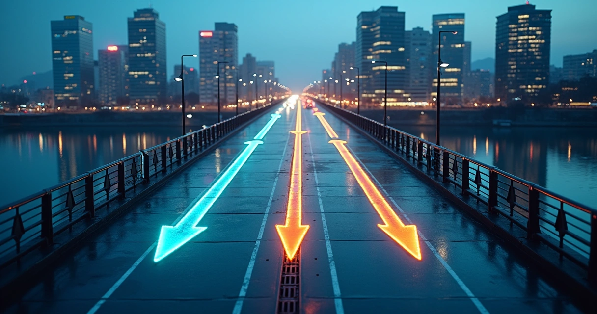 Ponte de metal em ambiente urbano com encruzilhada e setas luminosas de saída 