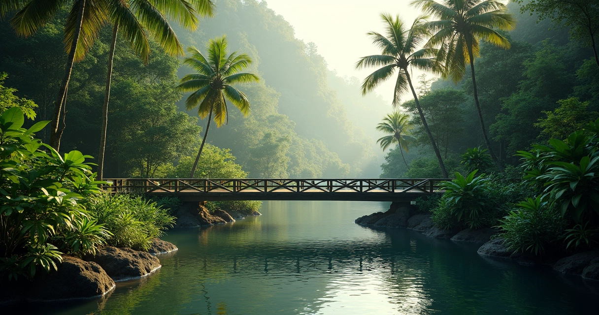 Ponte de madeira sobre rio cercada por mata em Ponta do Ramo 