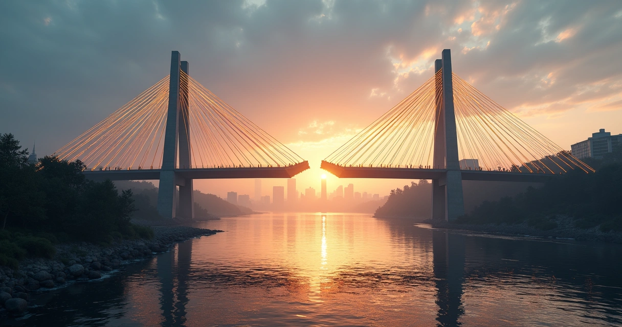 Ponte fragmentada sendo reconstruída com feixes de luz entre margens opostas 