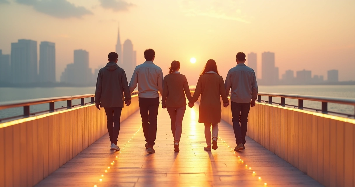 Grupo diverso caminhando sobre ponte colorida simbolizando conexão emocional coletiva 