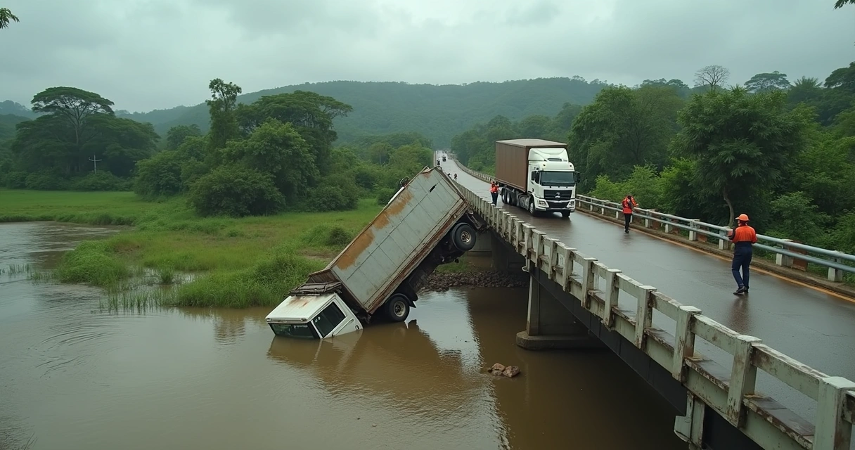 Ponte estreita sobre rio com caminhão tombado na água 