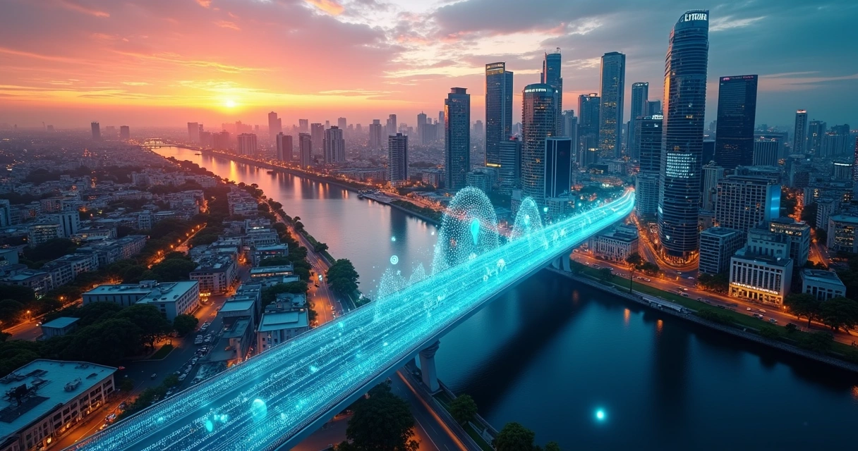 Vista aérea de duas cidades conectadas por uma ponte digital 