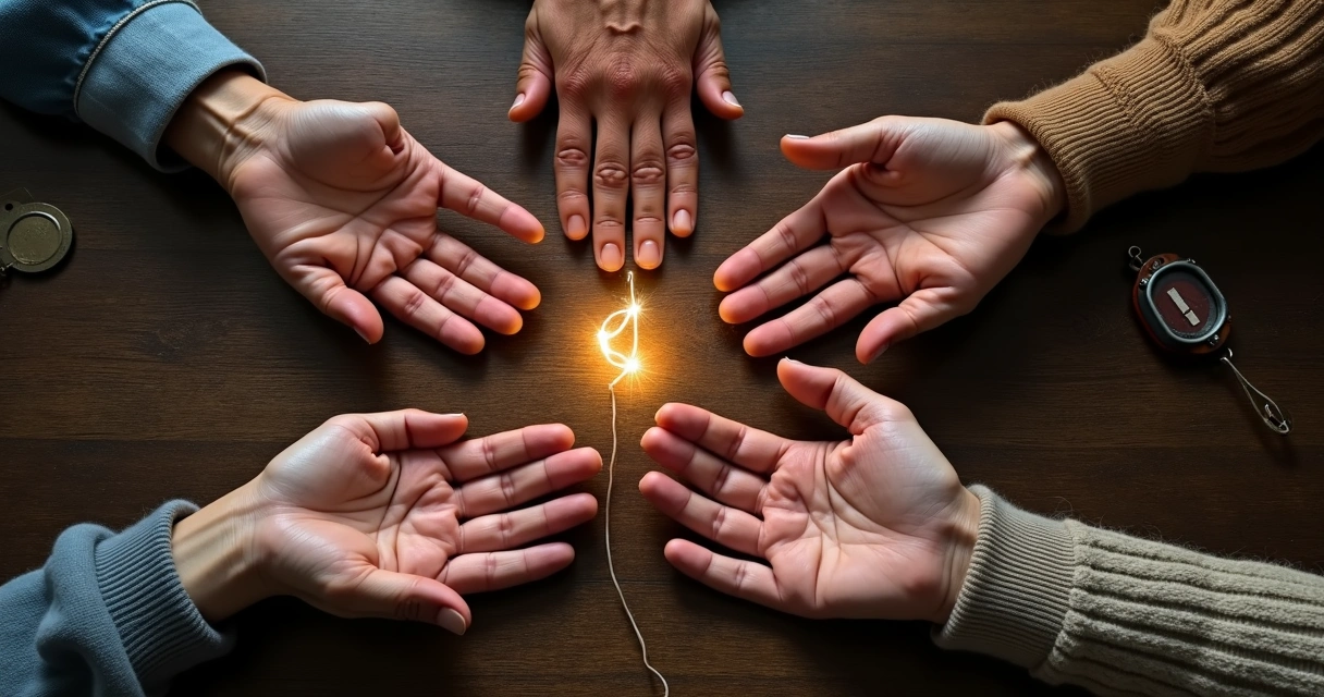 Mãos de pessoas de diferentes idades ligadas por fio de luz dourada 