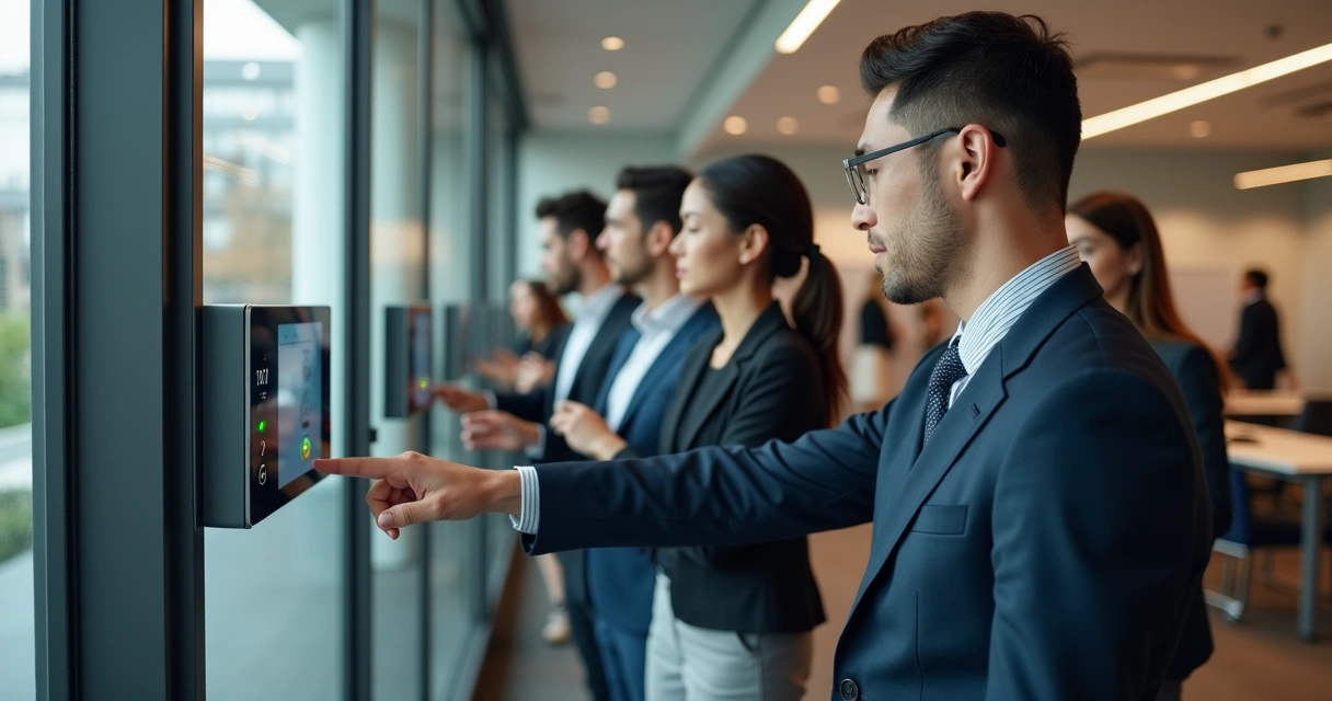 Colaboradores registrados em ponto biométrico com toque do dedo.