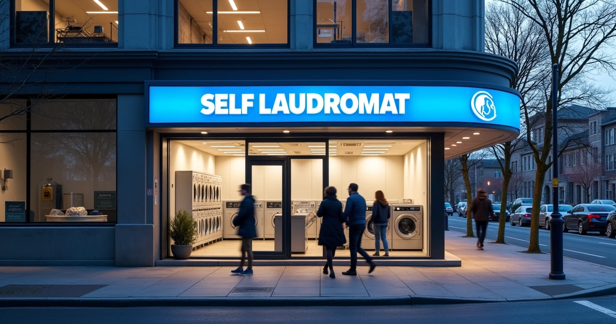 Fachada moderna de lavanderia autosserviço em avenida urbana 
