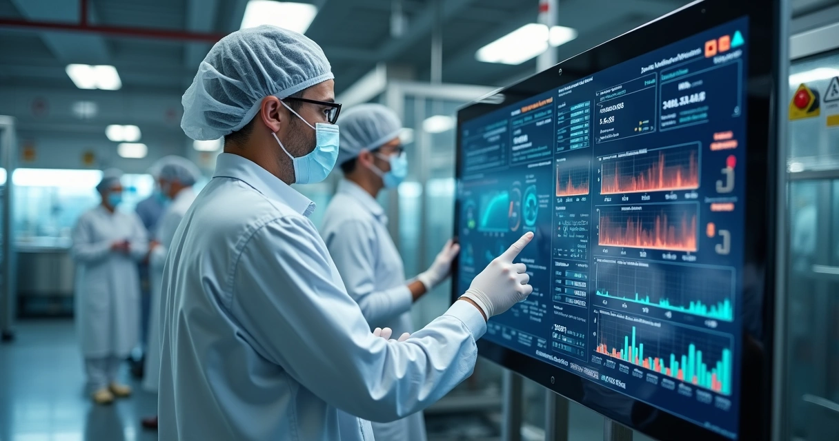 Funcionário monitora painel digital de ponto crítico em indústria de alimentos