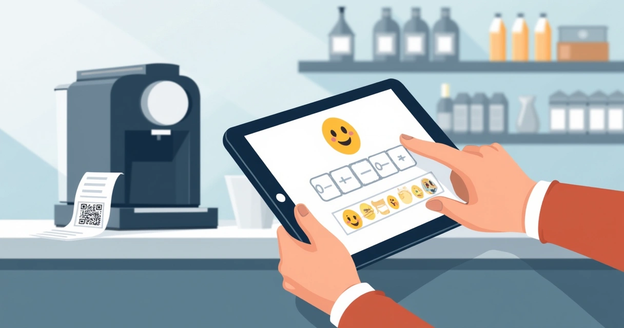 Pessoa apontando para um tablet com pesquisa de NPS no caixa