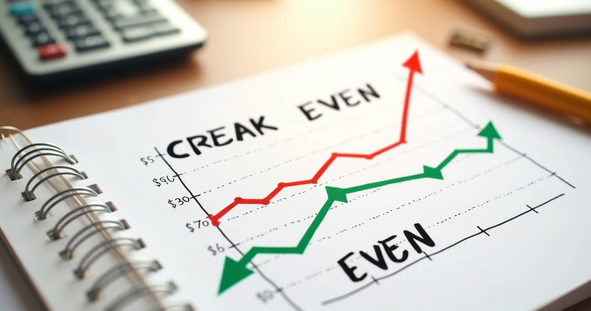 Gráfico representando ponto de equilíbrio financeiro, com linha de custo e linha de receita se cruzando 