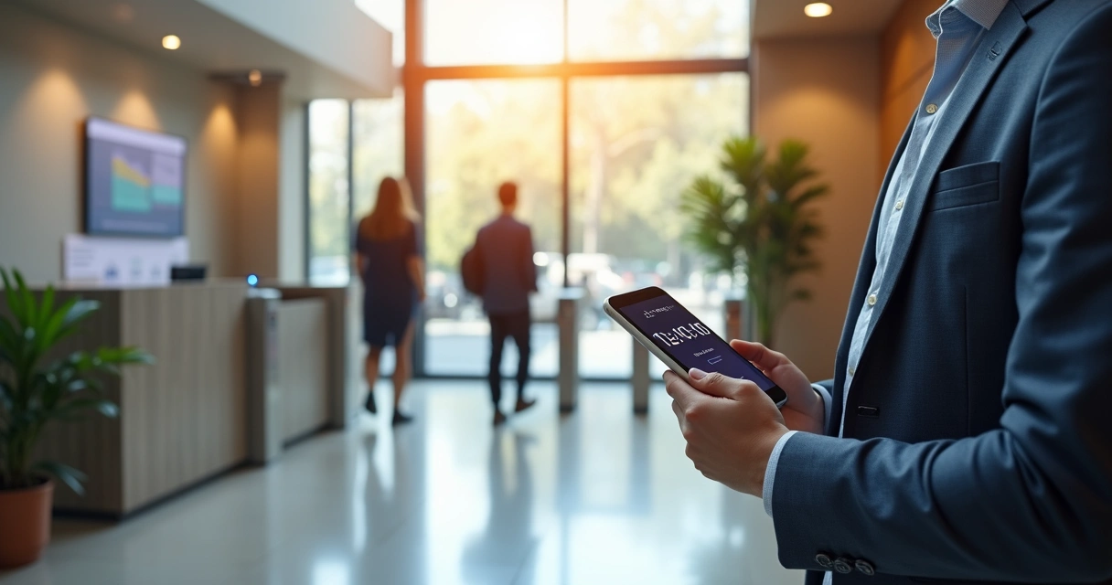 Colaborador registrando ponto digital no smartphone em hall moderno de empresa 