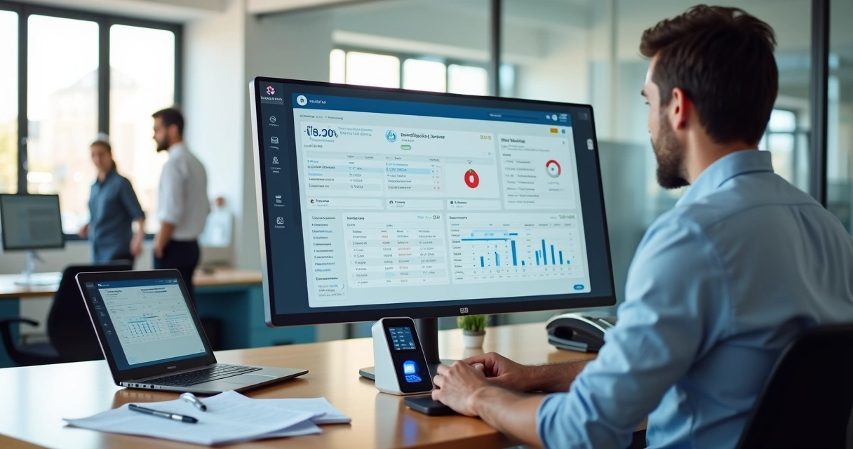Gestor analisando sistema de ponto digital em escritório de pequena empresa 