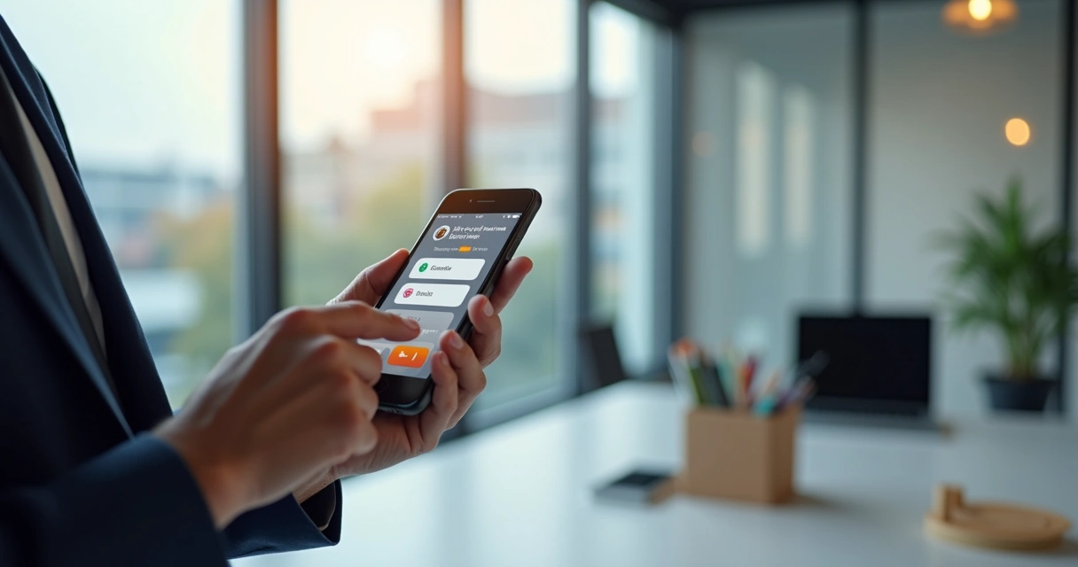 Pessoa usando um aplicativo de registro de ponto no celular, interface clara, ambiente de escritório 