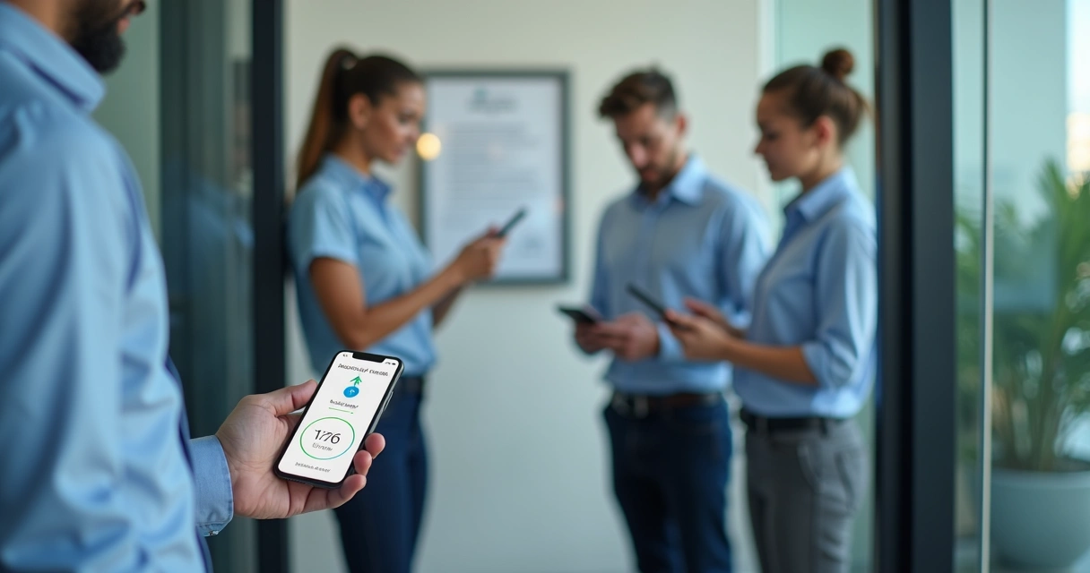 Gestor de RH usando ponto eletrônico no celular com equipe externa ao fundo 