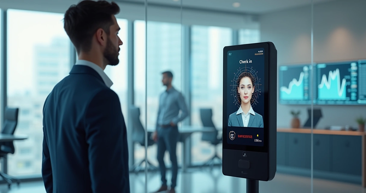Funcionário usando controle de ponto digital com reconhecimento facial em empresa moderna 