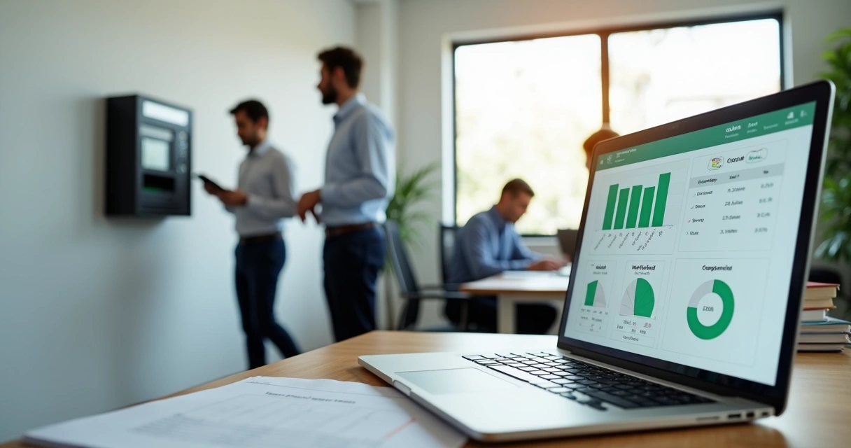 Gestor de pequena empresa analisando registro de ponto eletrônico em escritório moderno 