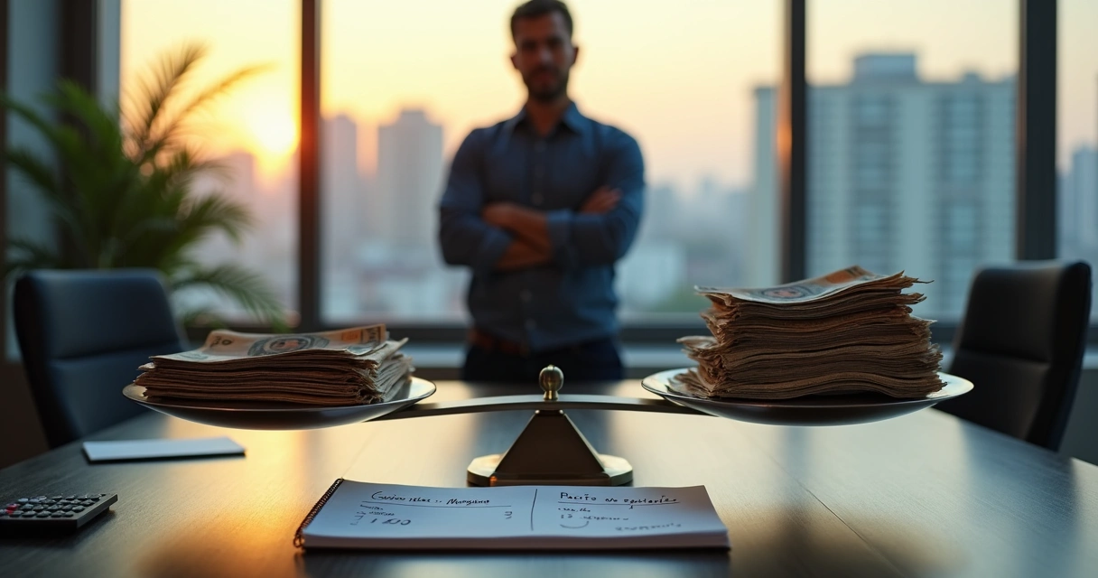 Empresário brasileiro observa balança com faturamento e custos em equilíbrio 