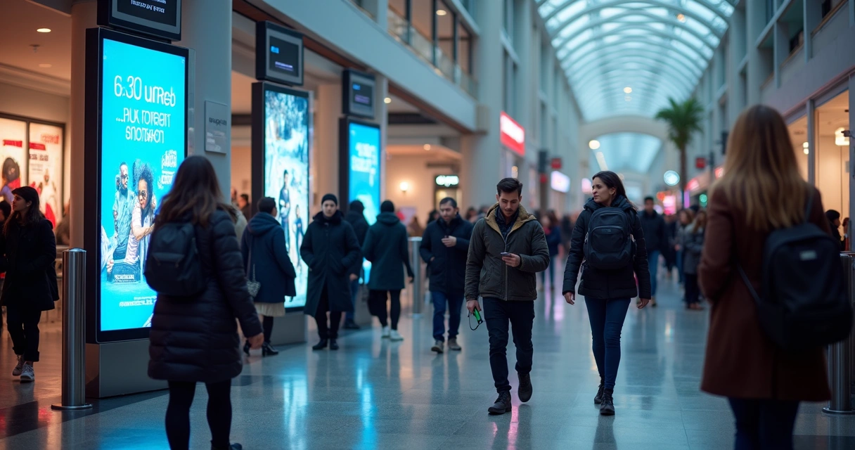 Displays digitais em local movimentado com pessoas passando 