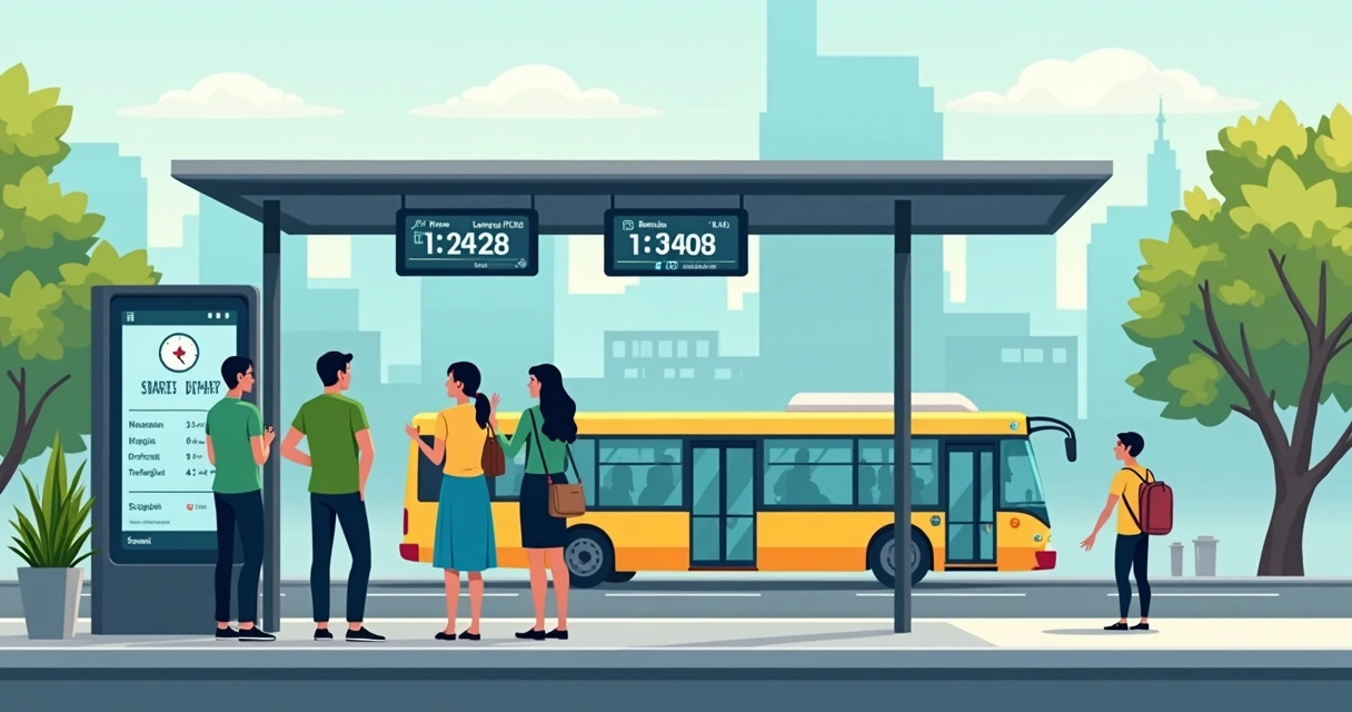 Ponto de ônibus inteligente em Curitiba, passageiros usando tecnologia 