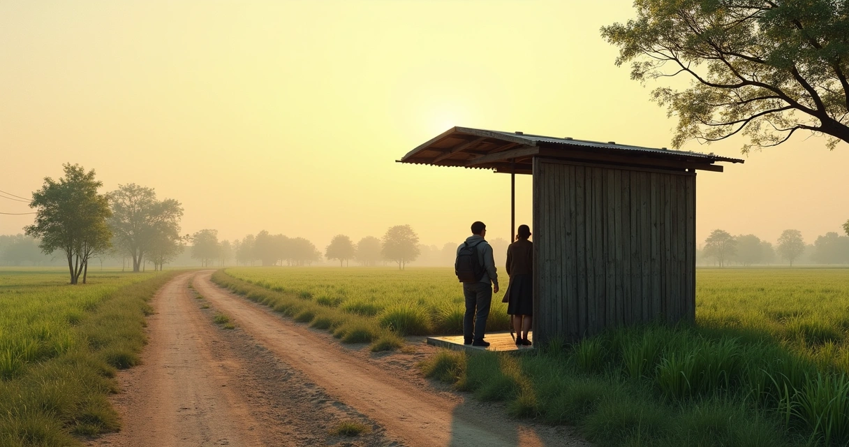 Ponto de ônibus simples em zona rural com estrada de terra e verde ao redor