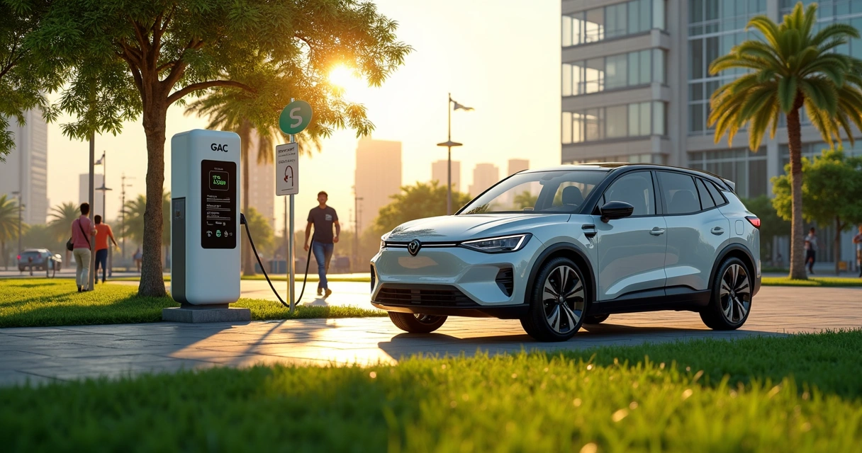 Carro elétrico GAC sendo recarregado em praça pública brasileira