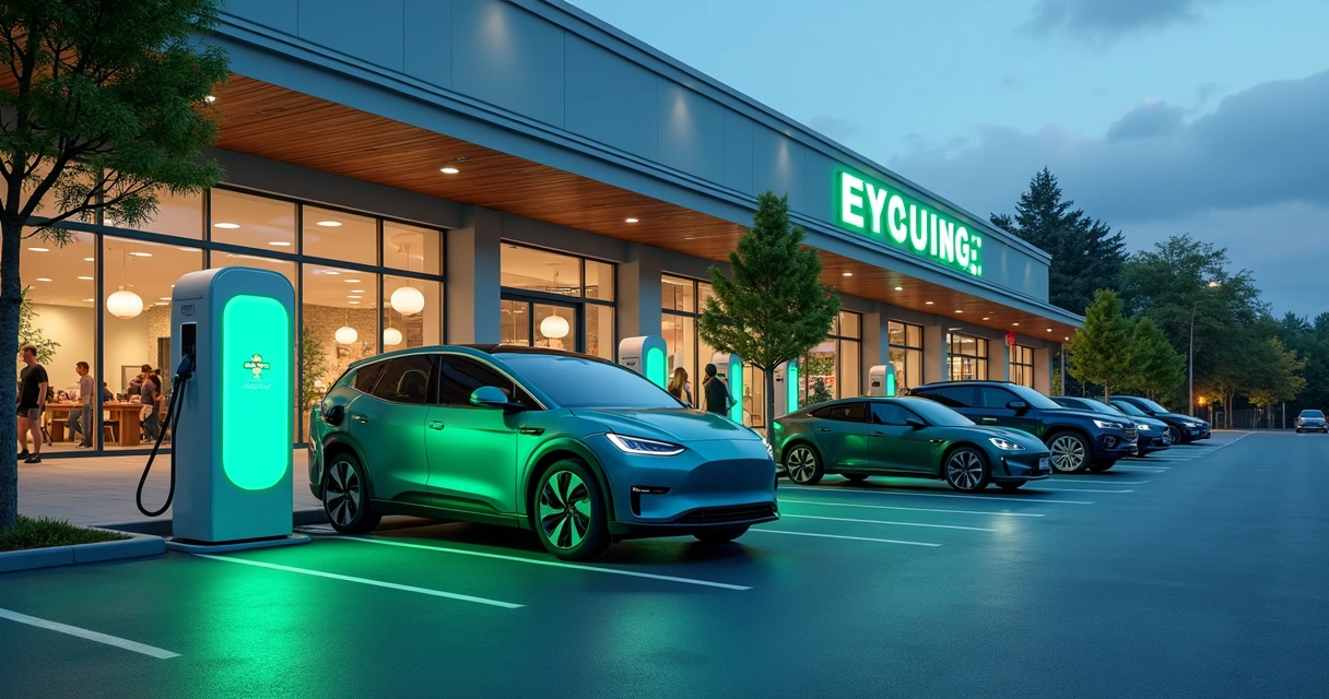 Estação de recarga para veículos elétricos em estacionamento de shopping, carros conectados e pessoas ao redor