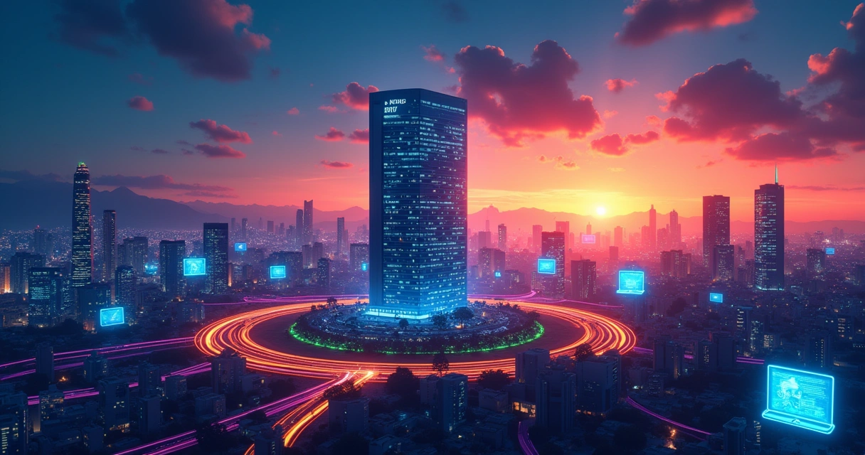 Ilustração de um ponto de troca de tráfego (PTT) no Brasil com conexões digitais e céu ao entardecer.