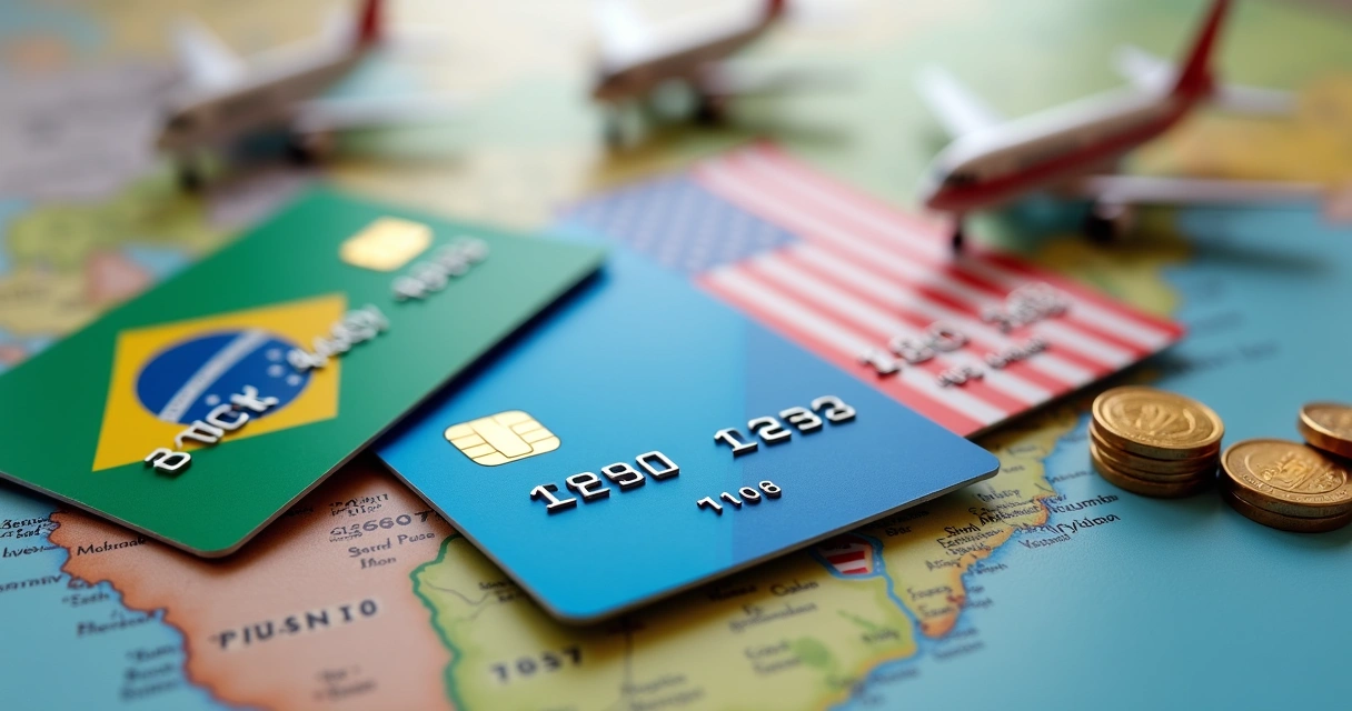 Cartões de crédito com bandeiras de Brasil e Estados Unidos próximos a miniaturas de aviões e pontos 