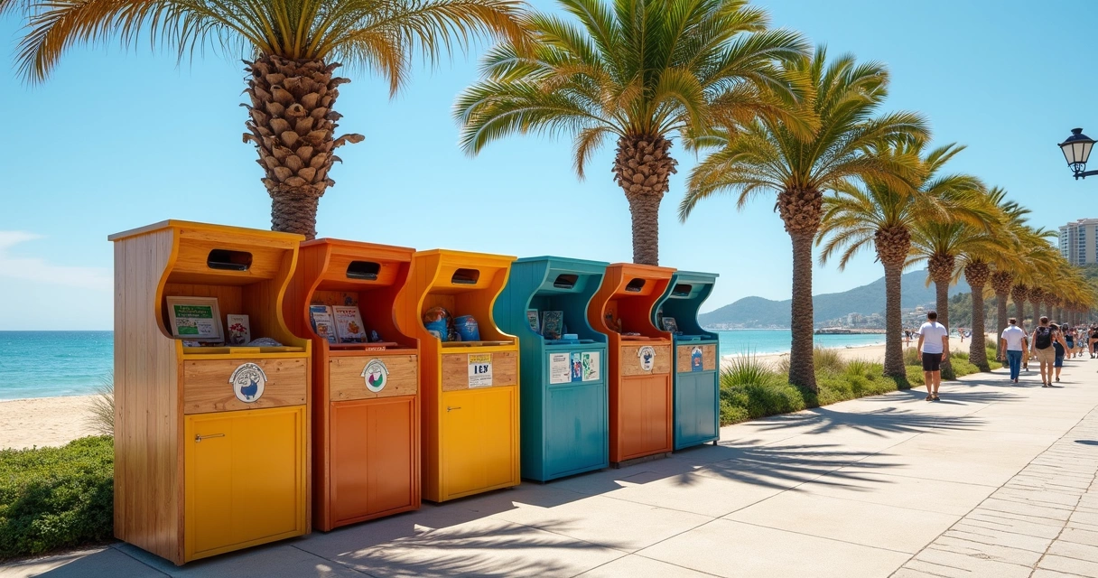 Ponto de coleta seletiva de madeira plástica reciclada na praia