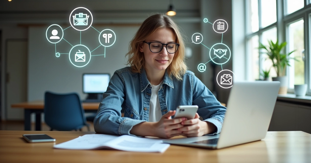 Pessoa utilizando notebook, celular e tablet em uma mesa, exemplificando uso de múltiplos canais digitais 