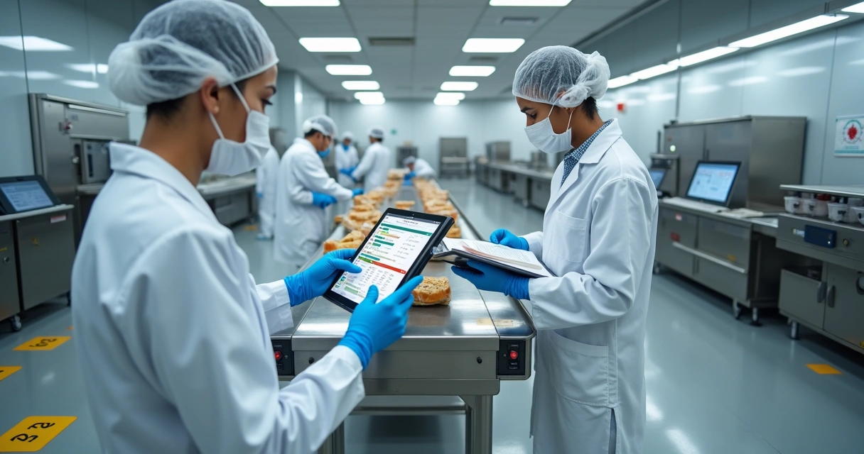 Equipe inspecionando ponto crítico de higiene em linha de produção de alimentos 