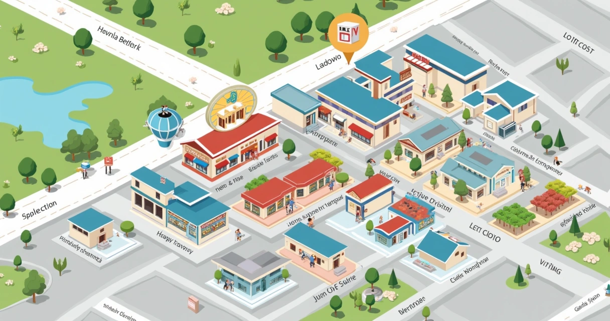 Mapa de bairro destacando pontos de referência e estabelecimentos locais com ícones coloridos. 