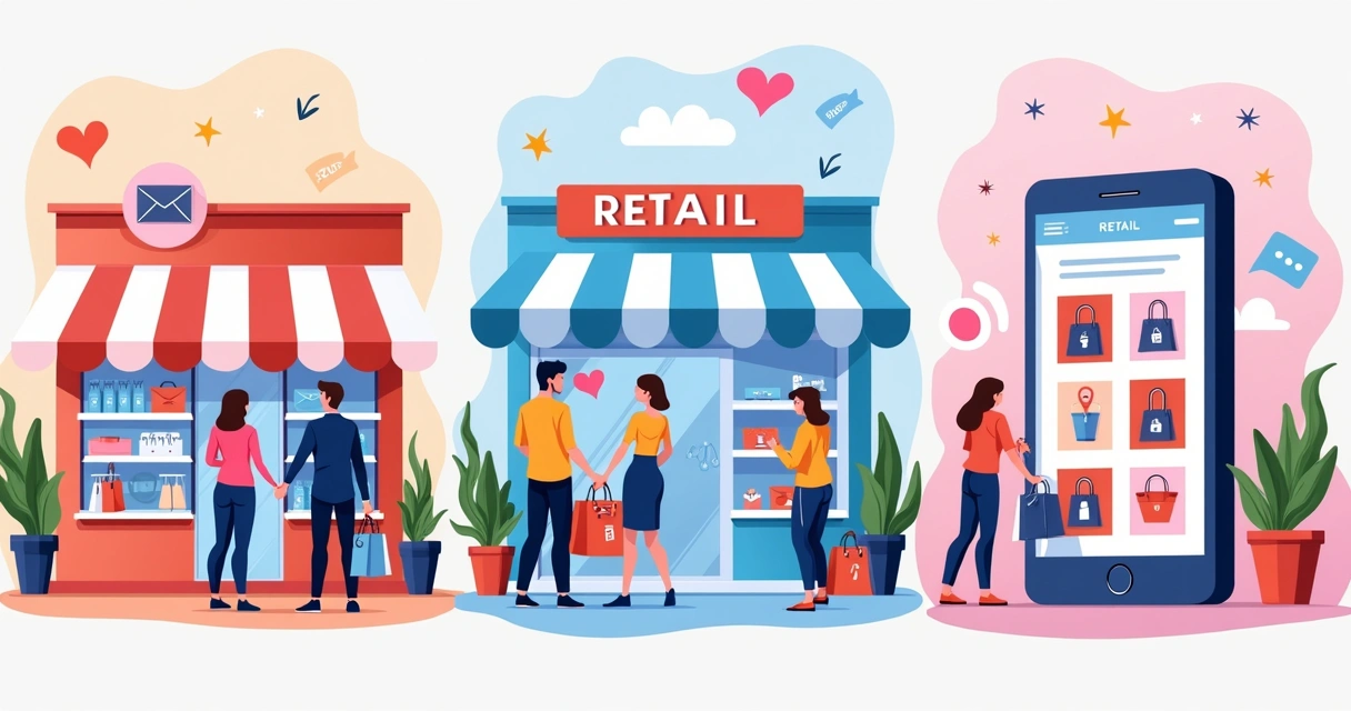 Pontos de venda variados no varejo, incluindo loja física, online e redes sociais