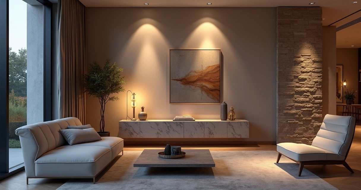 Pontos de luz ressaltando elementos de decoração em sala sofisticada 