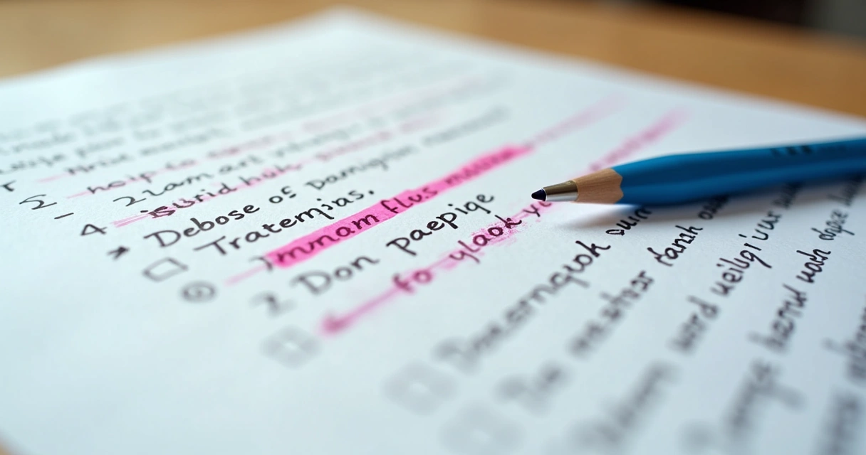 Folha com redação revisada, marcadores coloridos destacando a pontuação correta 