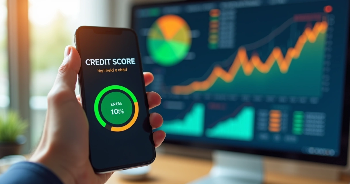 Tela de celular mostrando score de crédito alto com gráficos financeiros coloridos ao fundo 