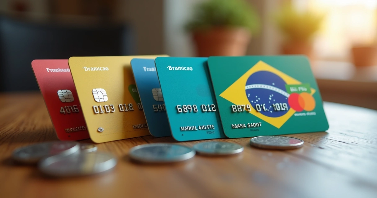 Cartões de pontos e moedas de recompensa espalhados sobre uma mesa.