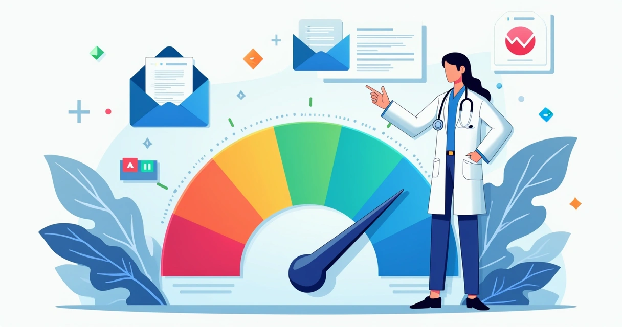 Gráfico colorido de pontuação de lead no setor de saúde, com indicadores de engajamento 