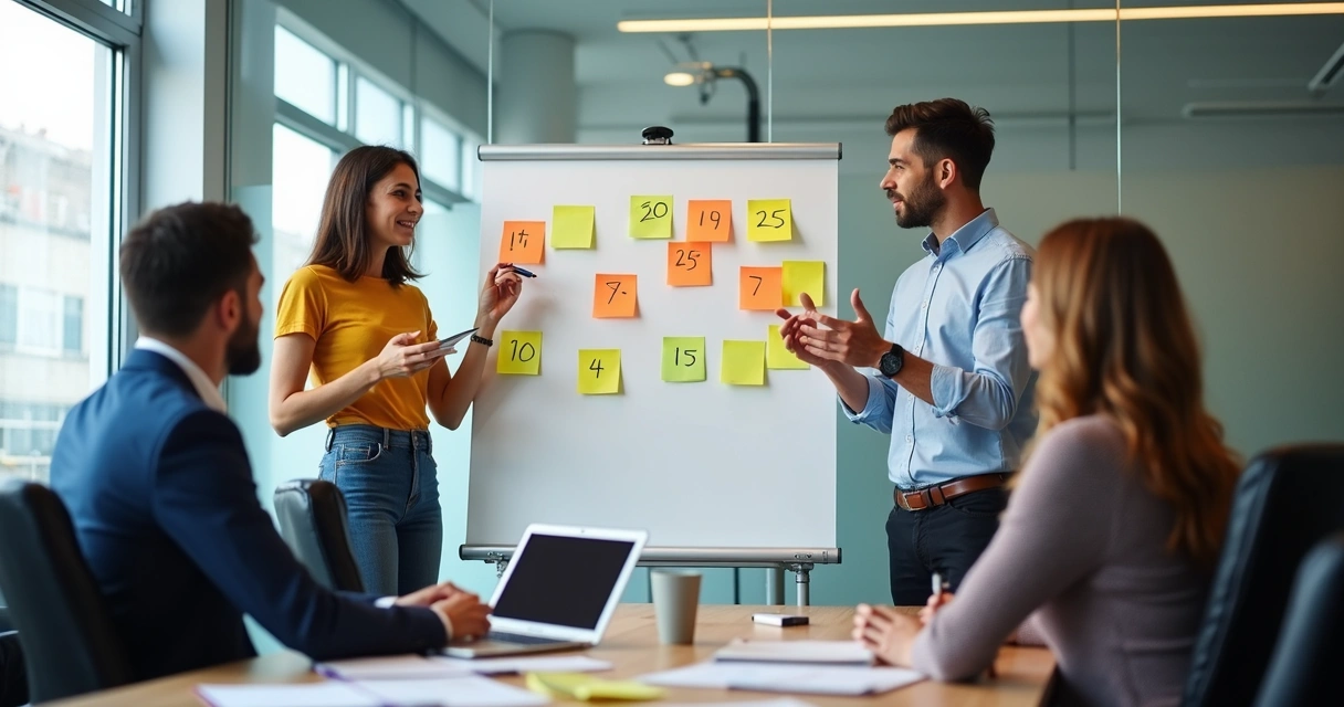 Quadro branco com notas autoadesivas coloridas mostrando diferentes números de pontuação de leads 