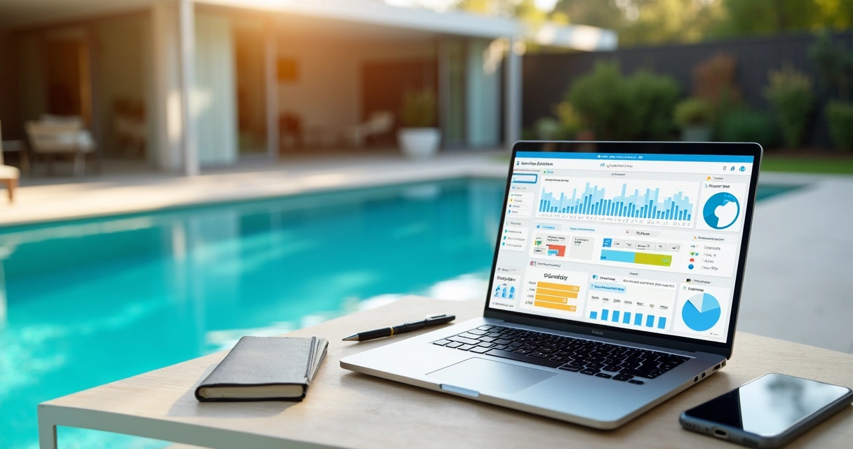 Laptop showing pool app dashboards beside outdoor Australian pool 