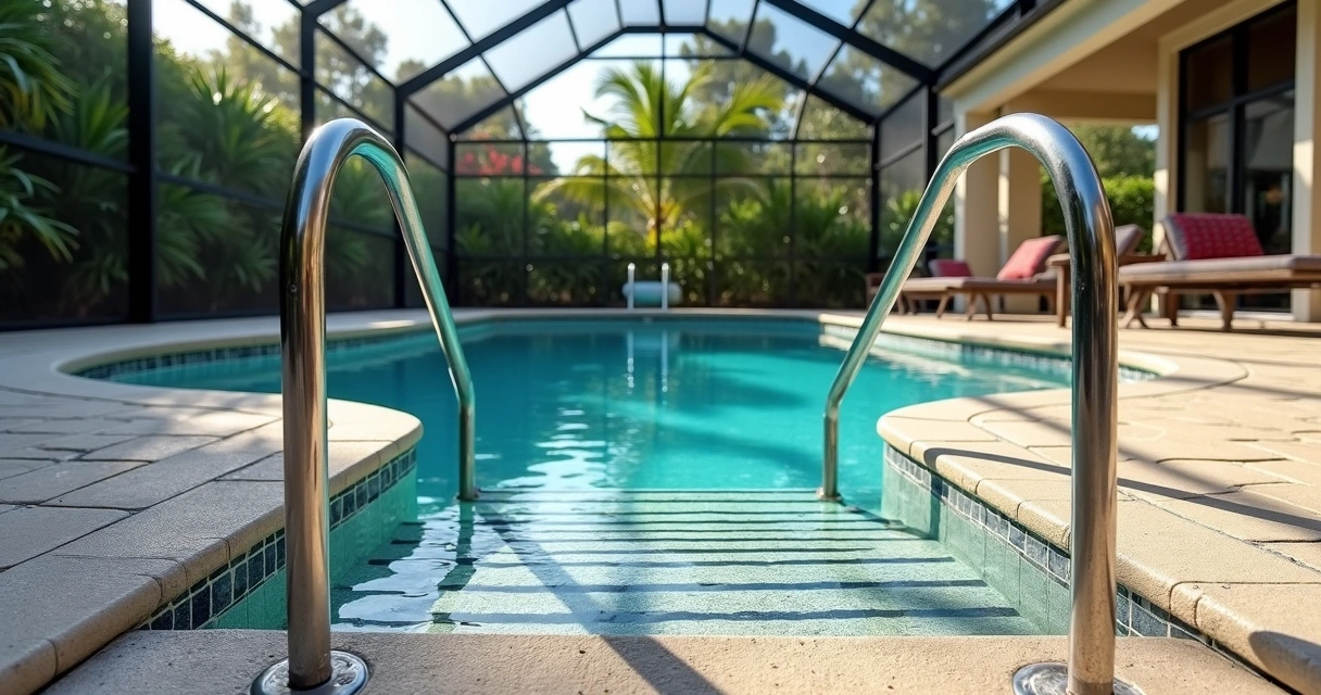 Pool cage with wide ramp entry and handrails 