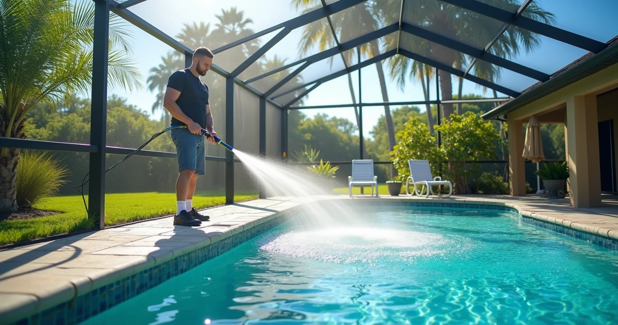 Person rinsing pool cage screens with garden hose near a Florida pool 