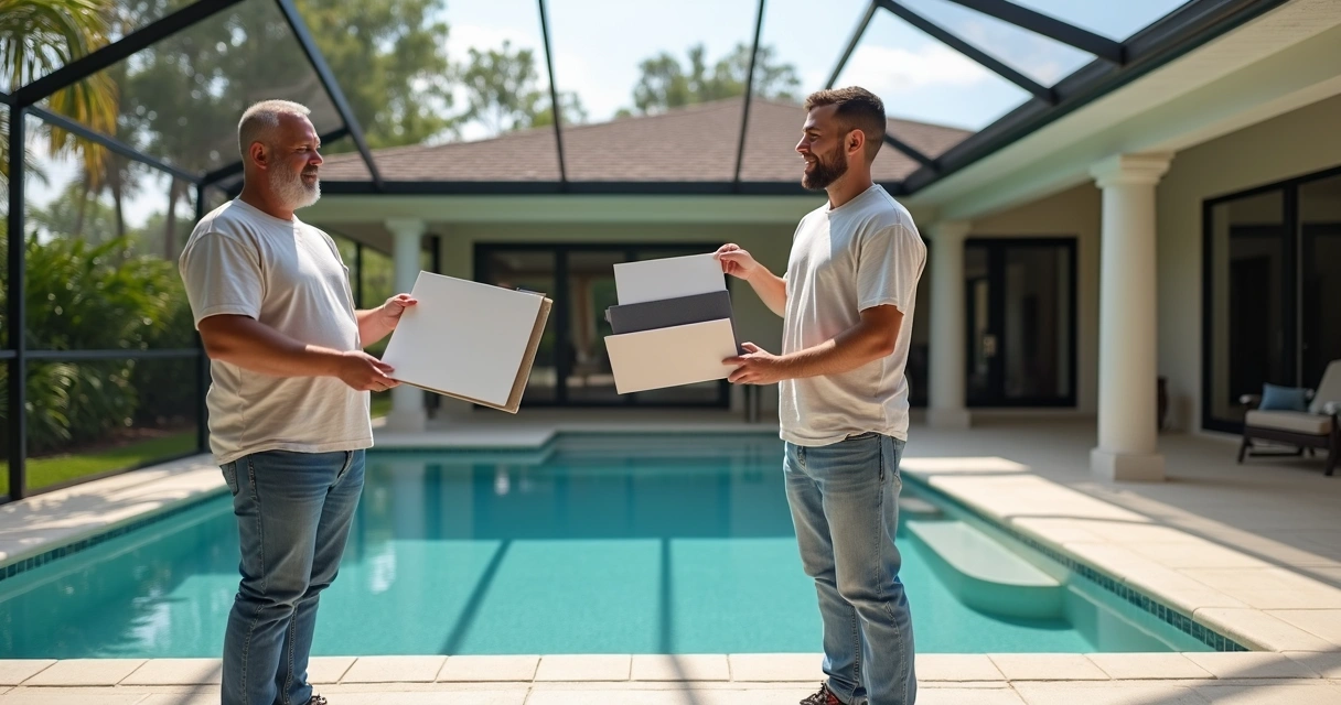Homeowner and contractor discussing pool cage screen samples in a Florida backyard 