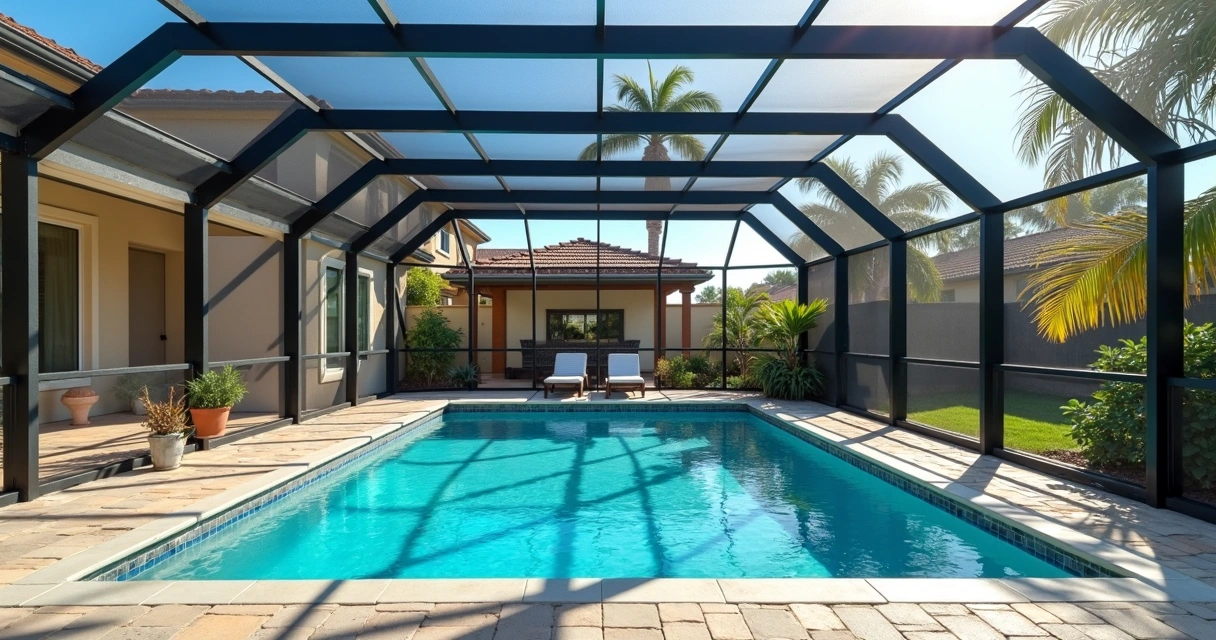 Pool cage side-by-side showing faded and freshly painted metal frames