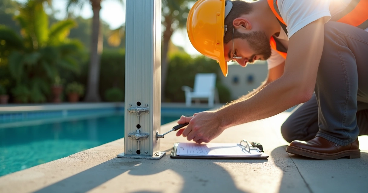 Technician inspecting pool cage anchors 