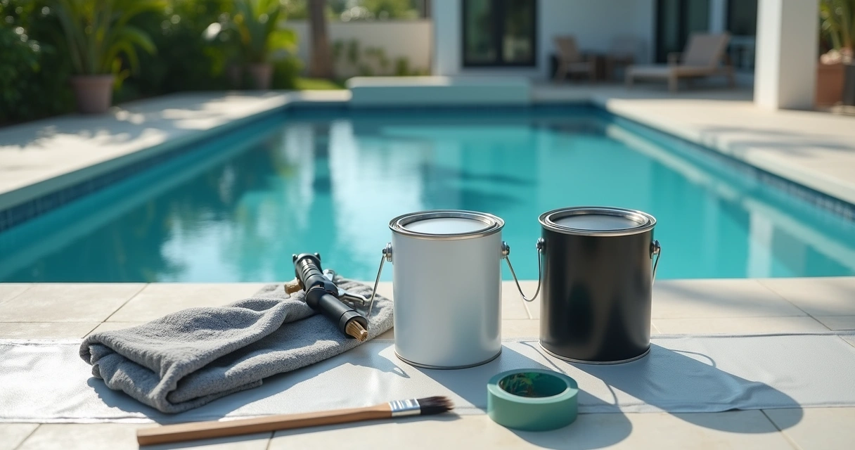 Pool cage painting tools and paint cans on deck