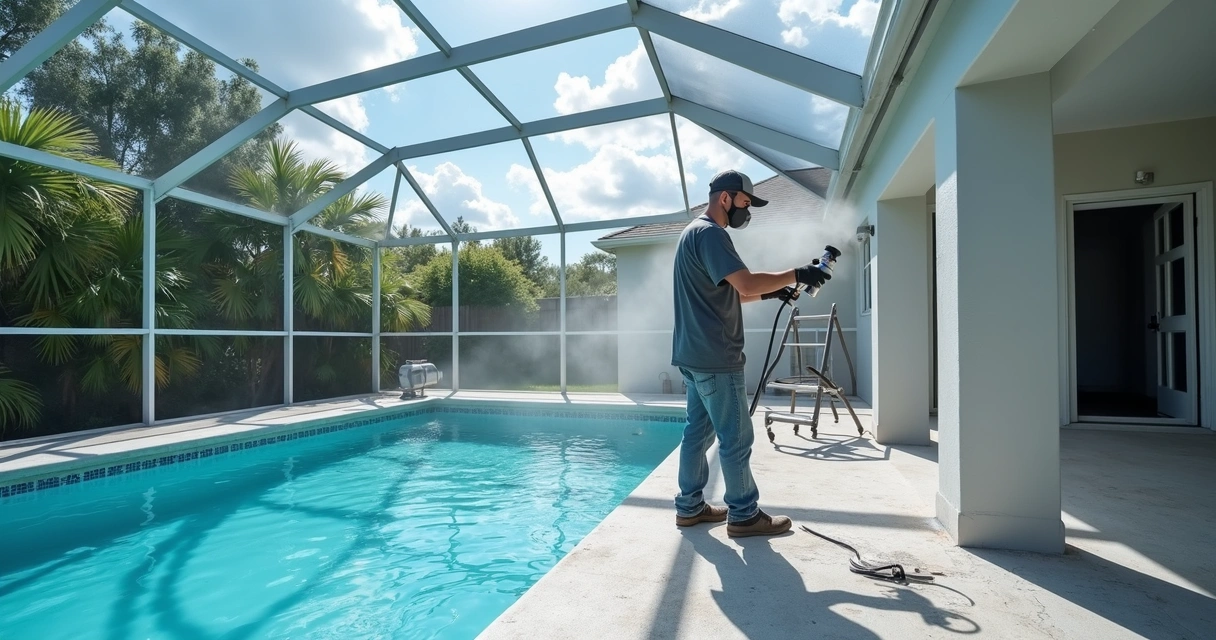 Worker painting gray aluminum pool cage frame with spray equipment on a sunny day 