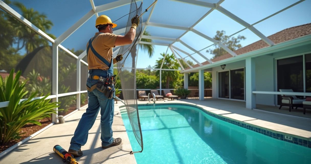 Technician installing new screen on a pool cage frame in a sunny Central Florida backyard 