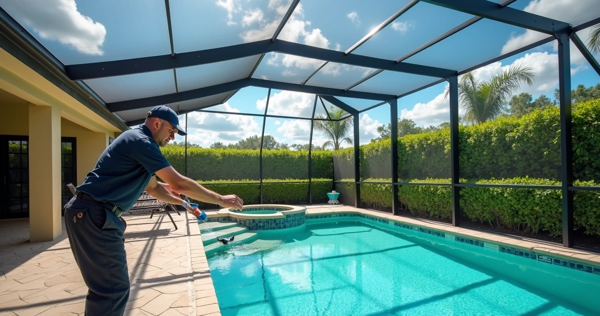 Technician rescreening a pool enclosure around a Florida swimming pool 