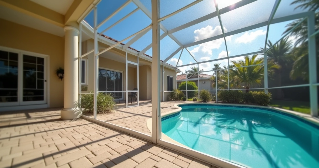 Orlando pool cage showing contrasting dark and light screen panels around a backyard pool 