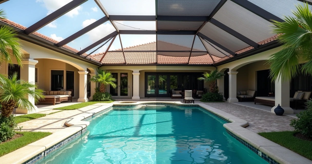 Outdoor pool enclosure with multiple screen shades on the structure, some lighter and some darker, set in a sunlit backyard in Florida 